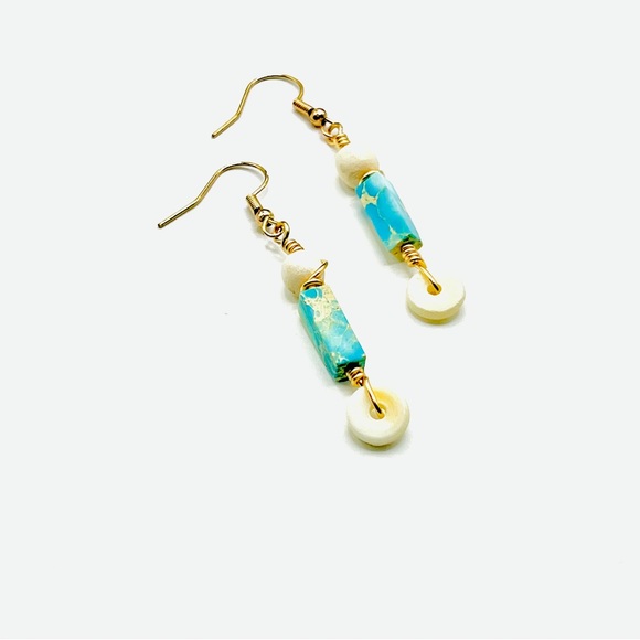 Aqua Imperial Jasper And Natural Wood Drop Earrings - Picture 5 of 8